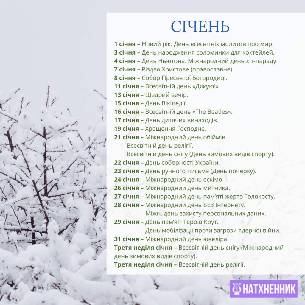 Січень - календар свят